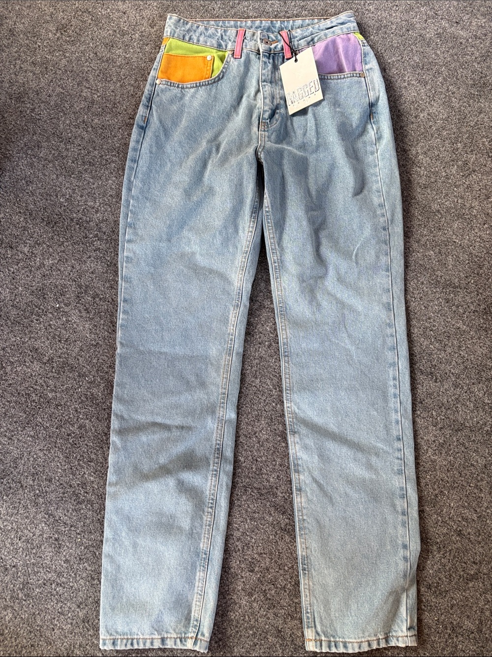 Ragged Priest Light Blue Denim Jeans with Pink, Orange & Purple Accents -Size 28